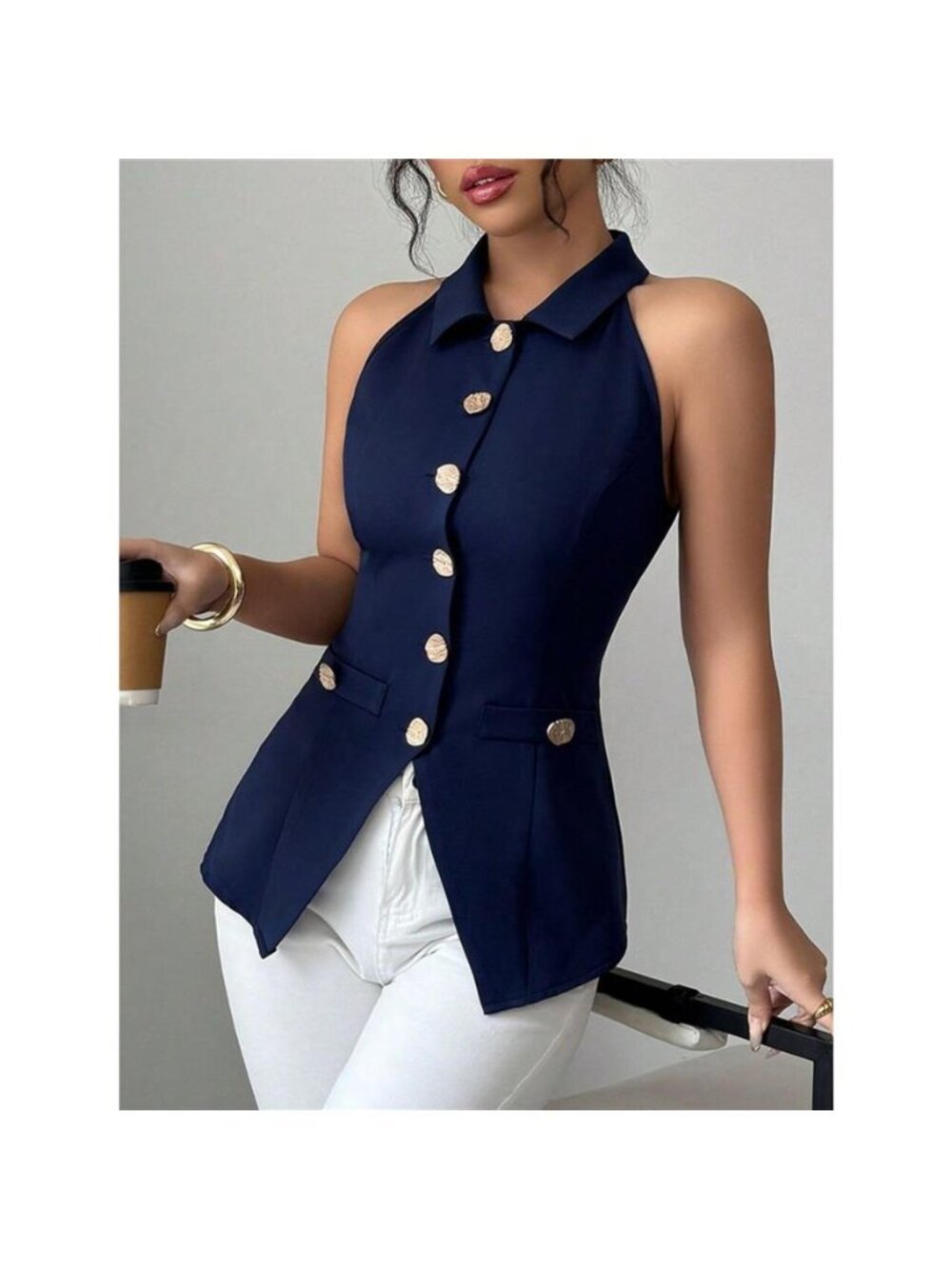 Sleeveless Lapel Collar Button-Down Vest